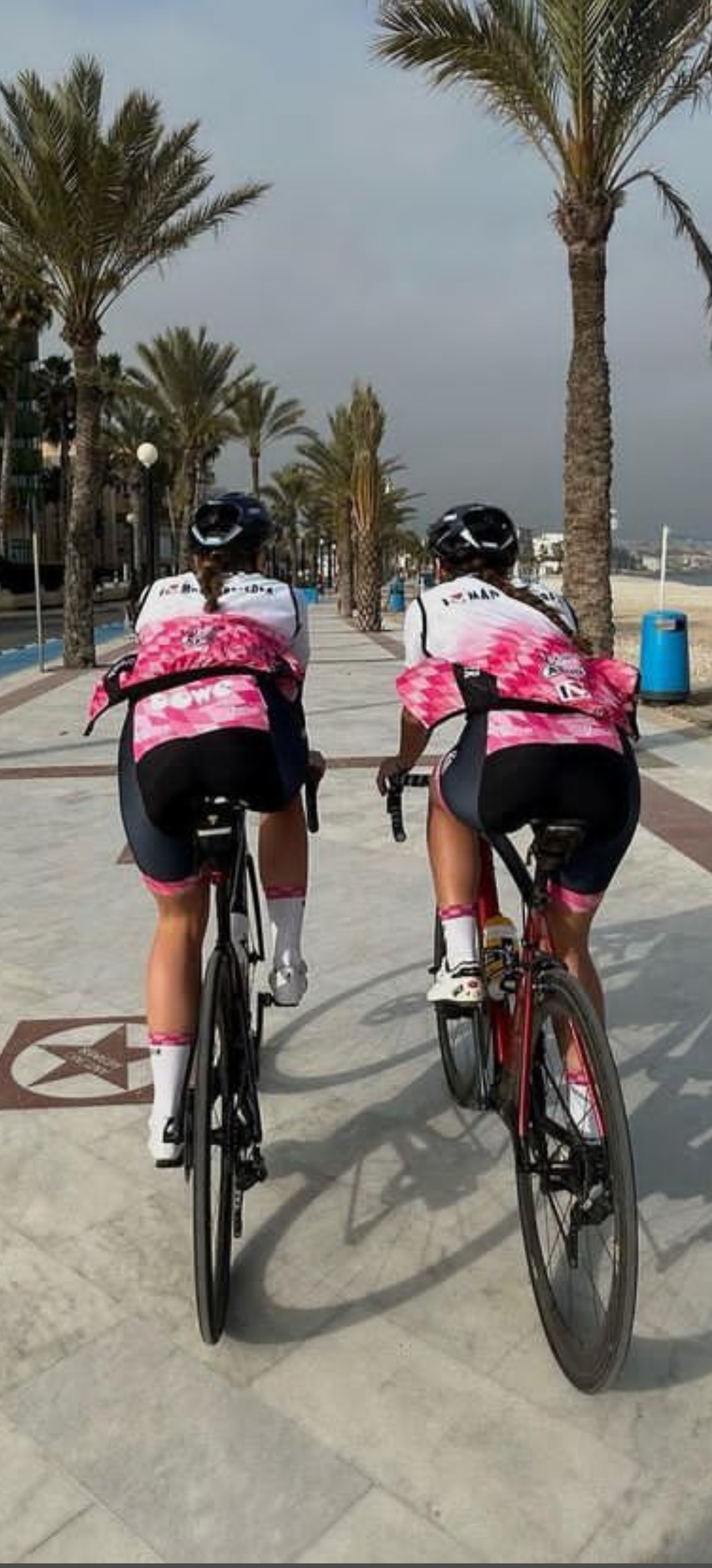 Zwei Radlerinnen vom Team Mangertseder unter Palmen auf ihren Rennrädern - Ansicht von Hinten - sie tragen pinke Windwesten von DOWE Sportswear