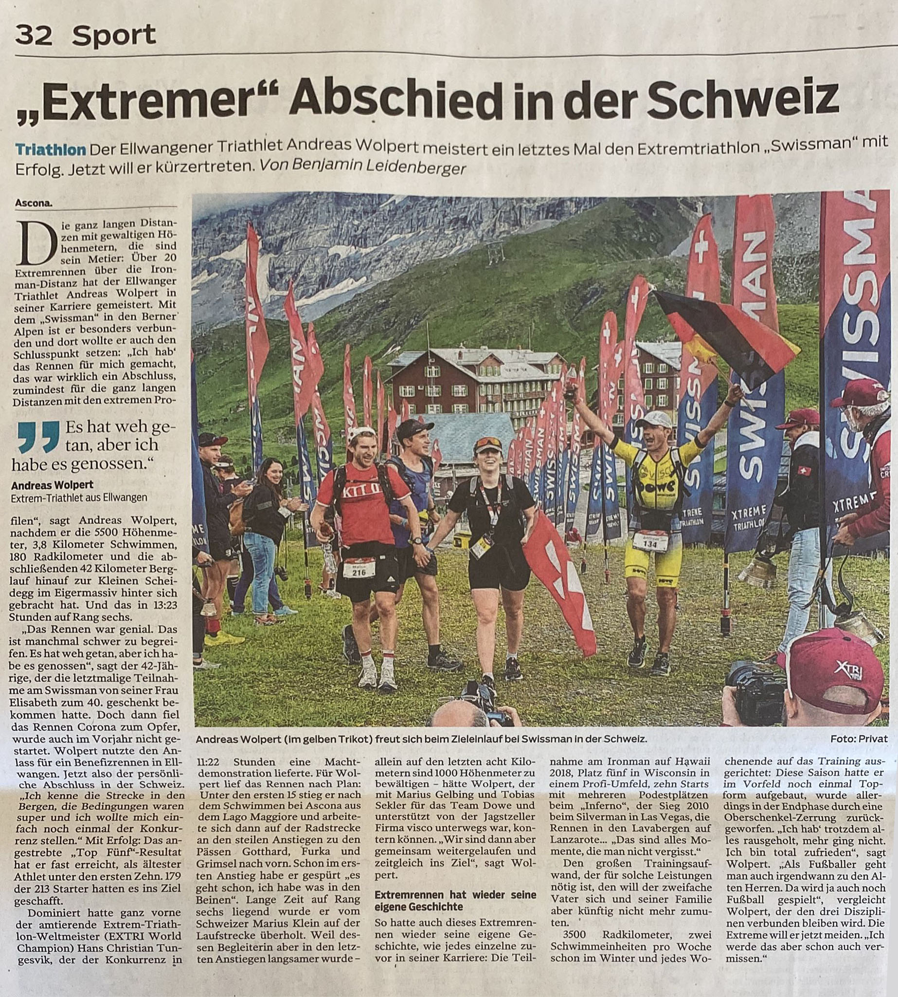 Zeitungsartikel über Andy Wolpert beim Swissman-2022