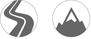 Zwei runde, graue Icons nebeneinander: Eine Straße, sowie ein Berg