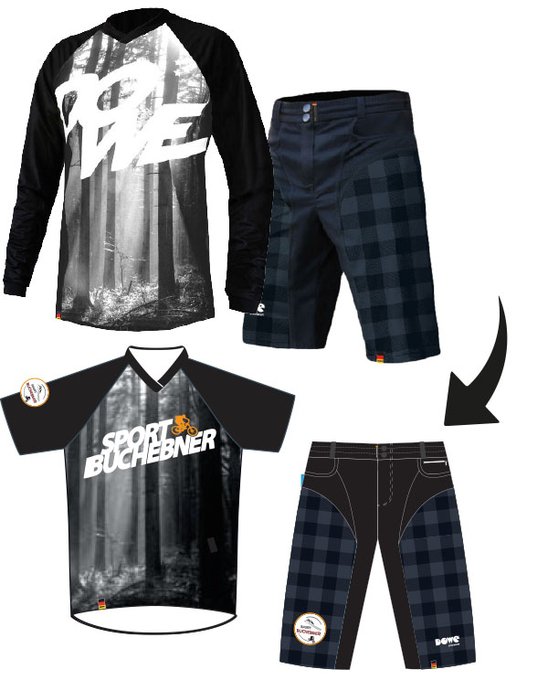 Ein Trikot und eine Hose von DOWE Sportswear . Sie werden mit individuellen Logos versehen. Ein schwarzer pfeil zeigt von den beiden Kleidungsstücken nach unten, auf zwei Ansichten von individualisierter Teamwear. (Ebenfalls Modelle von Hose und Shirt)