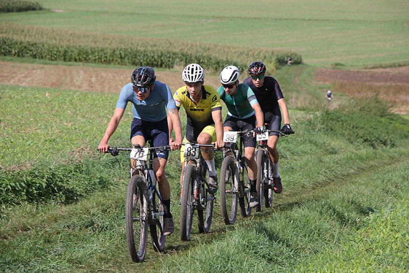 Vier Mountainbiker fahren hintereinander bei einem Radrennen über eine grasige Landschaft